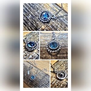 Silver Necklace with Blue Crystal Halo Pendant - Women Jewelry